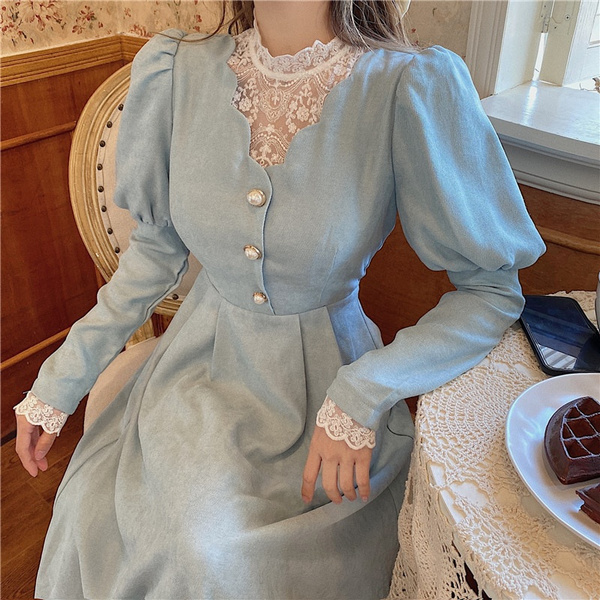 Solid Elegant Dress Women Winter Patchwork Lace Party Midi Female Casual  French Style Sweet Kawaii Korean | Wish